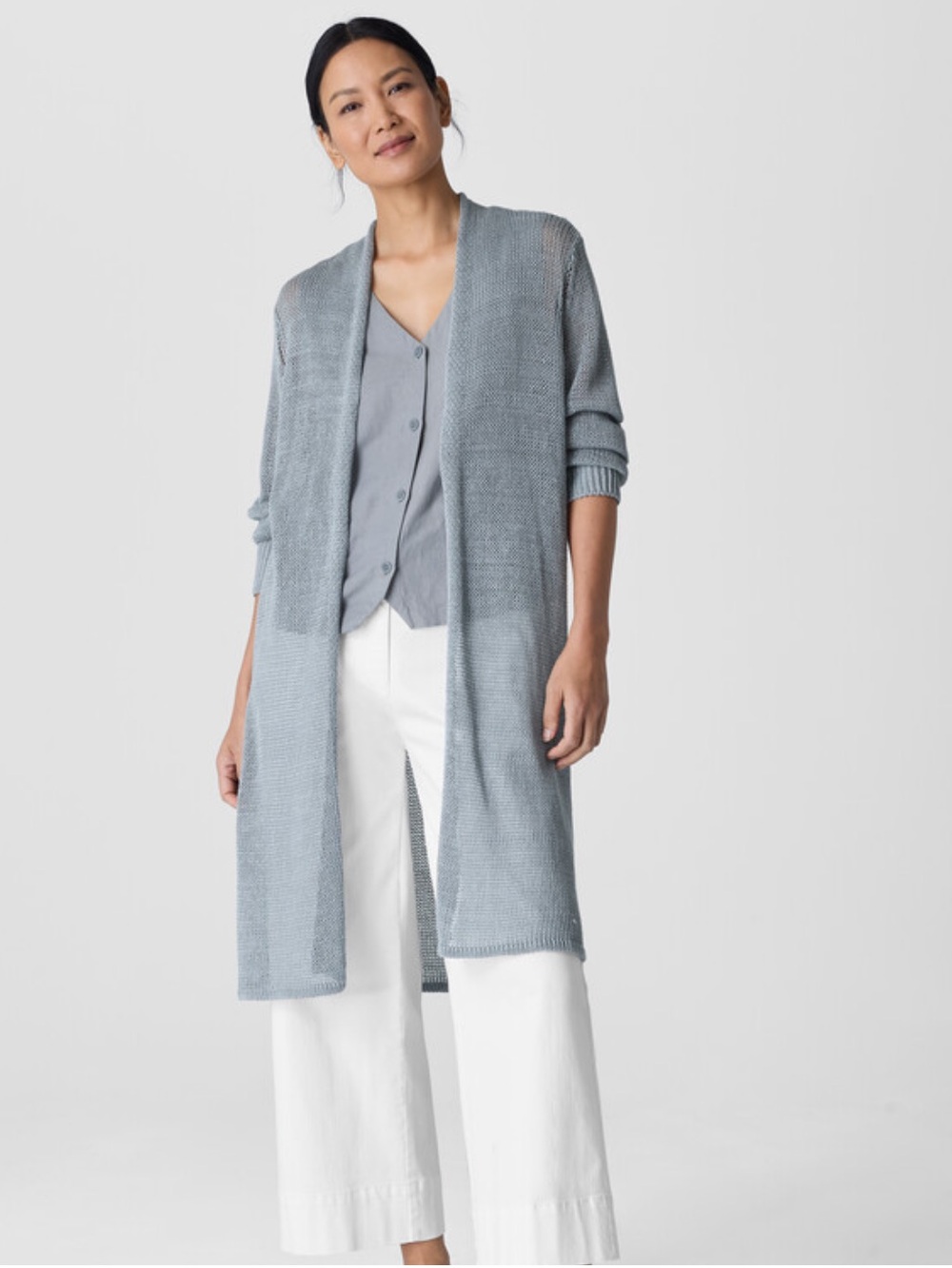 Eileen Fisher 100% Linen Grey Stone Relaxed Fit Open Front Long Cardigan XS